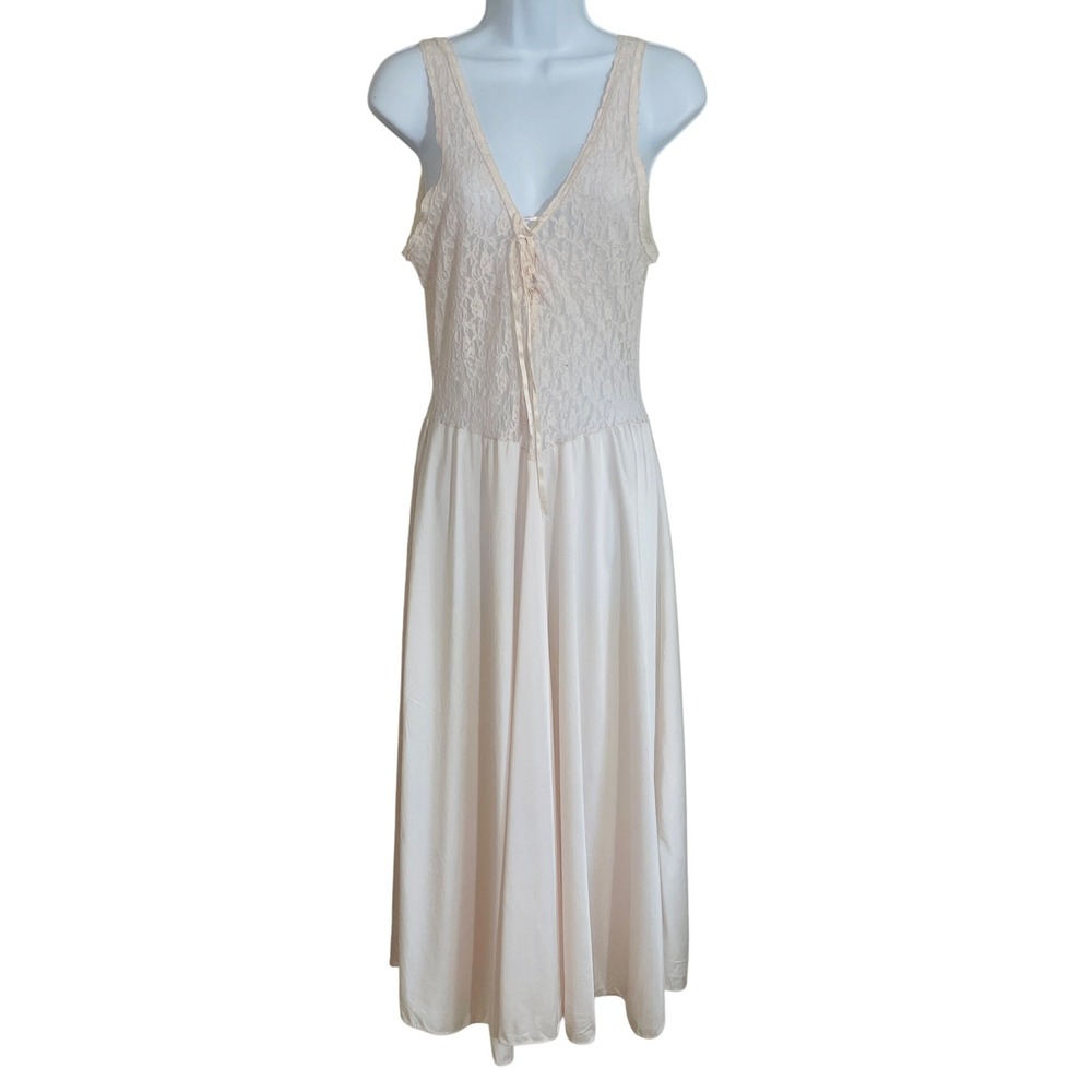 Vintage Fairy Sheer Lace Basque Waist Maxi Slip Dress Nightgown S Pink Chemise